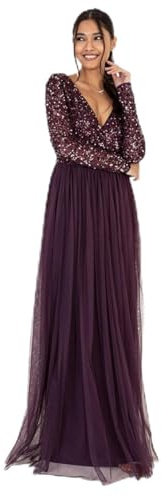 Maya Deluxe Ladies Maxi Dress for Women with Long Sleeves V Neckline Plunging Sequin Embellished for Wedding Guest Bridesmaid Prom, Vestito Donna, Berry,