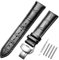 CeiBand Leder Armband für 20mm 18mm 22mm 24mm Uhren, Metall-Schmetterlings-Schnalle Edelstahl Schnallenriemen Vintage Ersatzarmband mit Alligator Uhrenarmbänder für Herren und Damen - Schwarz