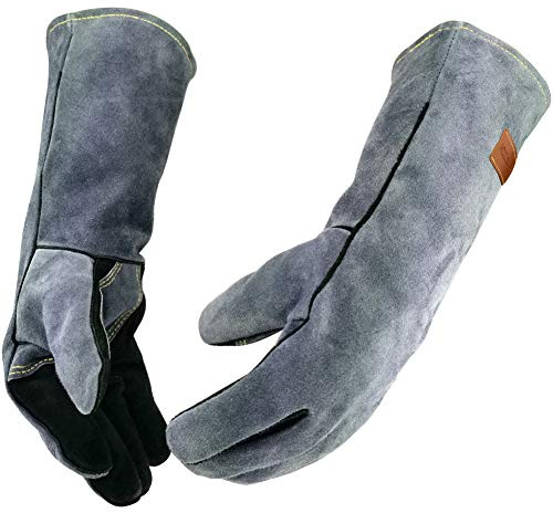WZQH 40 CM,500℃,Welding Gloves,Fireplace Glove,Fire & Heat Resistant,XXL | Mitt for BBQ,Oven,Grill,Tig,Mig,Baking,Furnace,Stove,Pot Holder,Animal Handling Glove, Forge,etc.Leather,2XL,Black-gray