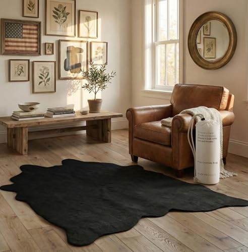 Faux Cowhide Rug 4'3x5'7 - Black Cow Print Rug, Washable, Non-Shedding | Living Room & Bedroom, Allergen-Free, Thick & Comfortable, Pet-Friendly, Faux Suede Grip Backing, Western Farmhouse Decor
