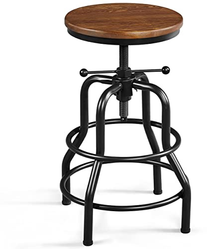 Yaheetech Vintage Round Adjustable Industrial Bar Stools, 1PCS Brown | Height Adjustment 51-68cm Chairs, with Ring Footrest, Wooden Top, Pre-Assembled, Ideal for Kitchen Counter & Home Bar, Cafe