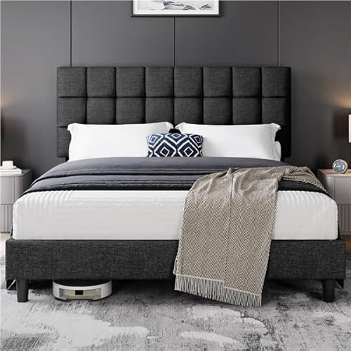 Yaheetech Struttura Letto con Testiera Imbottita Supporto di Doghe in Legno Testiera Quadrata Altezza Regolabile Moderno Grigio Scuro 160 x 200 cm
