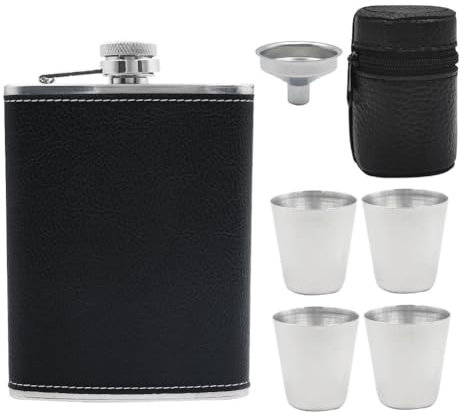 YAZHED Edelstahl Flachmann set 8 Oz 227 ml 4*Becher 1*Trichter 1*Becherhalter aus Leder Geeignet für Den Transport Von Alkohol Hält Whisky Rum Wodka Schwarz Auslaufsicher Gürtelflaschen