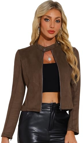 Allegra K Giacca Corta Biker Ecopelle Donna Giacca con Cerniera da Moto a Maniche Lunghe e Collo Alto Marrone scuro M