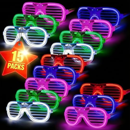 Neon LED Party Glasses – Light Up Glow Shutter Glasses for Graduation Party, Christmas & Birthday Parties, Flashing Disco Rave Sunglasses for Festival, Club, Bulk Wedding Party Favors (15 Pack)