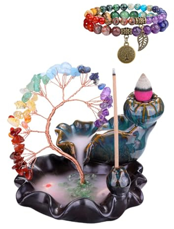 JSDDE Porte-encens Arbre de Cristal 7 Chakras Lot Brûleur d'Encens Cascade en Céramique avec Bracelet Arbre de Vie Pierres Naturelles Brûleur à Reflux Décoration Carpe Koï Aromathérapie pour Maison