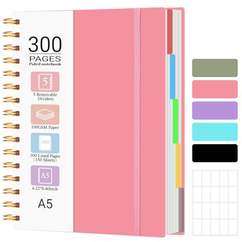 MOFELON A5 Notebook, Notepad, A5 Notebook with Dividers, 300 Pages 100GSM Thick Wirebound Spiral Notebooks for Writing, PVC Hardcover Note Book for Work Office School, 21.5 x 15.8cm,Pink