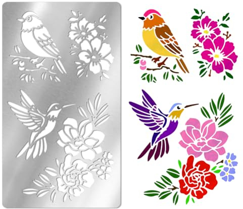 UNICRAFTALE Metal Stencils for Craft Wood Burning Flower and Birds Stencils Stainless Steel Reusable Template Hummingbird Floral Stencil for Journaling Drawing Airbrush Carving Engraving Scrapbooking