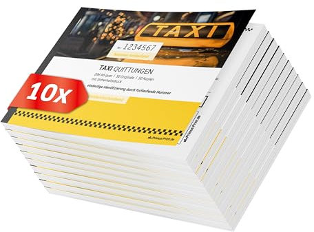 Primus Print TAXI Quittungsblock 10x DIN A6 quer & gelocht, 2x50 Blatt mit Durchschlag, selbstdurchschreibend, mit Perforation und Nummerierung - Quittung - Rechnungsblock - Taxi-Fahrpreisquittung