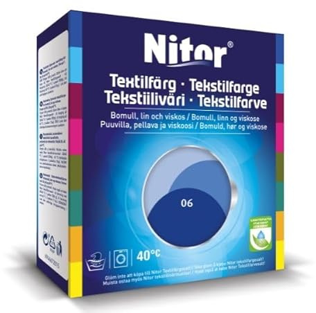 Nitor Textilfärg Blåklint 06 – Tvättäkta Färg för Bomull, Lin och Viskos, 75 ml Färg + 100 g Fixeringspulver – För Färgning i 30–60 °C – Räcker till 400 g Tyg