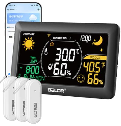 Stazione meteo WiFi con APP, display a colori da 7,5 pollici, stazione meteo wireless con 3 sensori wireless, stazione meteo wireless per interni ed esterni con previsioni Internet in tempo reale