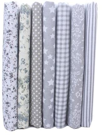Qiantull Juego de 7 piezas de tela de algodón para coser, paquete de tela de algodón, tela de algodón, estampado estampado, cuadrados de tela, patchwork para manualidades, color gris, 50 x 50 cm