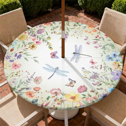 artslion Nappe Ronde Exterieur avec Trou de Parapluie,Libellule modèle Nappe de Jardin Lavable et Facile à Nettoyer, avec Ourlet élastiqué, idéale pour terrasse, Balcon et Jardin. Ø 90 cm.