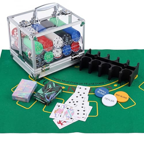 JolliLudo Texas Holdem pokerchip-set innehåller 1 aluminiumlegering, dubbelbox i akryl, 200 pokerchips 6 genomskinliga akrylhållare, 2 kortdäck, 1 matta, blackjack roligt spel natttillbehör, present