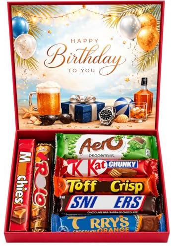 Birthday Gift for Men Chocolate Gift Hamper for Him- 7 Assorted Sweet Treats in Red Keepsake Presentation Box Happy Birthday Gift for Dad, Husband, Brother, Boyfriend, Friend