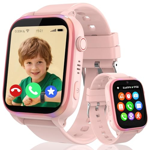 4G Smartwatch Kinder, IP68 Kinder Smartwatch mit GPS und Telefon, HD Videoanruf, SOS-Anruf, Schulmodus, Spiel, Wecker, SIM, Handy, Smart watch Wasserdicht Kinderuhr Geschenke für Mädchen Jungen, Pink