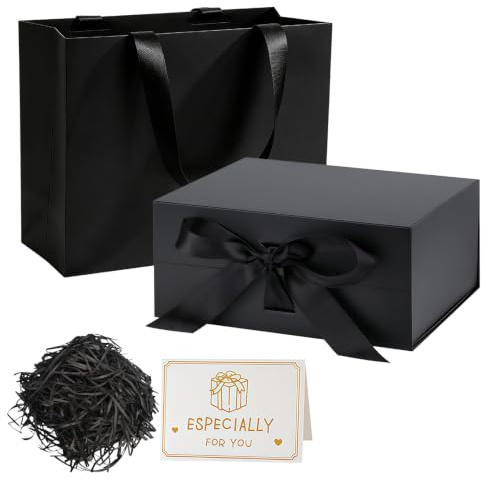 Gift Box with Lid, Black Magnetic Gift Box 22 x 17 x 8.5 cm, Luxury Present Box Set with Gift Bag, Ribbon, Greeting Card & Raffia for Birthday Wedding Bridesmaid Christmas