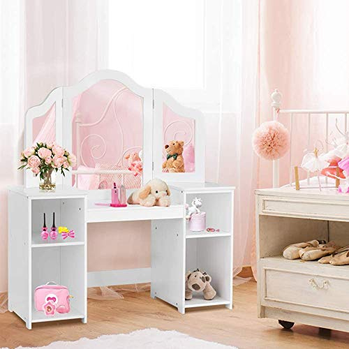 COSTWAY Kids Vanity Set, Children Dressing Table with Stool, Tri-Folding Detachable Mirror, Storage Shelves, Girls Makeup Tables for Playroom Bedroom