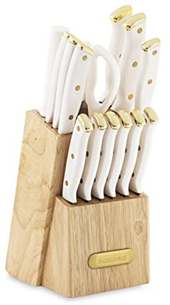 Farberware 15-teiliges dreifach genietetes Messerblock-Set, Küchenmesser, rasiermesserscharfes Messerset mit Holzblock, Weiß und Gold