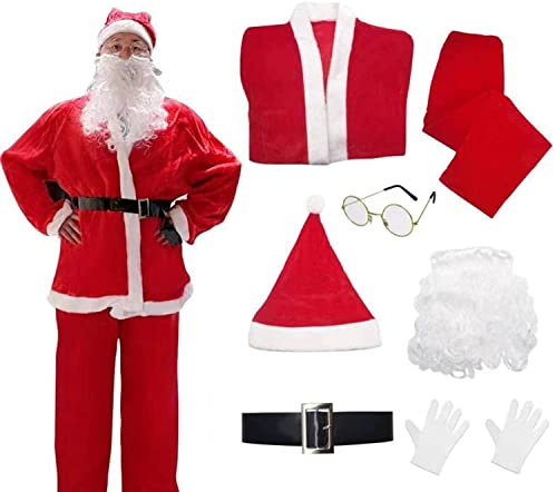 Carnavalife Costume da Babbo Natale per adulti, unisex, giacca, pantaloni, barba, occhiali, cappello, cintura e guanti, costume originale per Natale, 7 pezzi (XL)