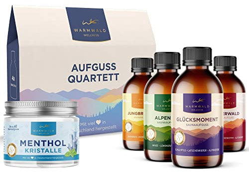 Warmwald - Saunaaufguss - Sauna Aufgussmittel mit natürlichen ätherischen Ölen - Saunaöl - Saunaduft (QUARTETT + MENTHOLKRISTALLE)