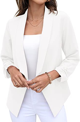 GRECERELLE Womens Blazer Suit Open Front Cardigan 3/4 Ruched Sleeve Casual Work Office Cropped Blazer Jacket for Ladies