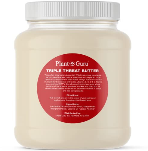 Plant Guru Triple Threat Body Butter 3 lbs. Bulk - Blend of Shea, Mango & Coconut Oil - 100% Pure Natural Raw Unrefined Moisturizer For Dry Skin, Face And Hair. Great For Lip Balm and Soap Making