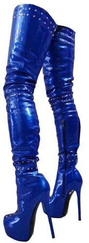 Frankie Hsu Stivali sexy sopra il ginocchio con plateau a spillo, rivetti in vernice blu, stivali alla moda stile Chill Designer di grandi dimensioni US4-19 Stivaletti lunghi con tacco alto stretto