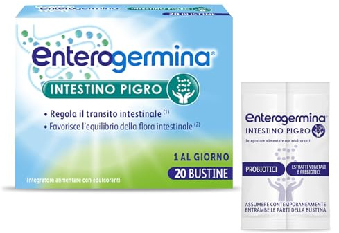 Enterogermina Intestino Pigro, Fermenti Lattici, Probiotici, Prebiotici, FOS, Integratore Regolarità Intestinale, con Psillio, Ibisco, Ippocastano, Opuntia, 20 Bustine Gusto Frutti di Bosco