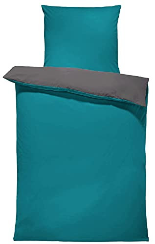 one-home Uni Wende Bettwäsche Einfarbig Mikrofaser Garnituren Bettbezüge Unifarben Reißverschluss (Petrol/anthrazit, 4 teilig 135x200 cm)