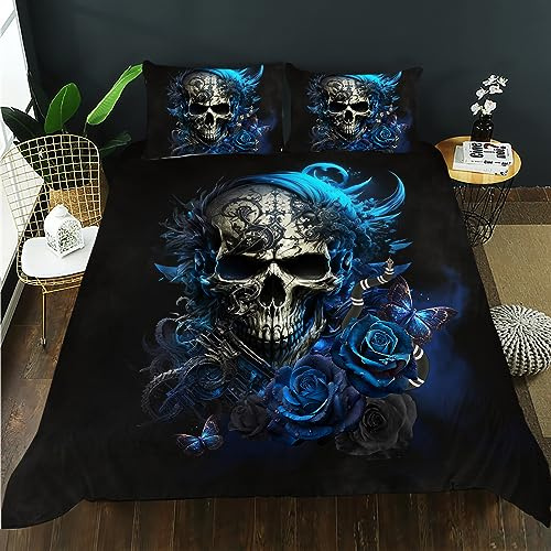 AILONEN Sugar Skull Duvet Cover King Size, 3D Skull Bedding Set for Boys Girls,Bones Skeleton Blue Roses Comforter Cover 3PCS,1 Quilt Cover + 2 Pillowcases,Soft Microfibre