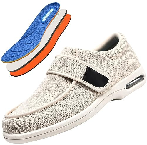 Scarpe Comode Anziani Scarpa per Riabilitazione con Chiusura Pantofole Diabetici Uomo Scarpe per Piedi Gonfi Scarpe Ortopediche Uomo con Strappo,(Color:Beige,Size:43 EU)