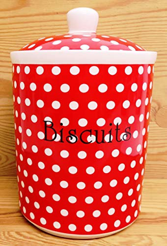 Rainbow Decors Red Dots Biscuits Canister Large 2 Litre Fine Bone China Spotty Sealed Container Hand Decorated in UK