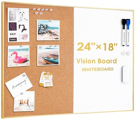ARCOBIS Cork Board White Board Combo, 60 x 45 cm Bulletin Board-Gold Frame, Magnetic Dry Erase Board & Corkboard for Wall, Vision Board for Home, Office, School