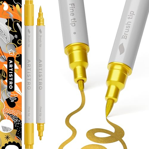 ARTISTRO Acrylic Paint Pens, Dual Tip, Acrylic Marker Pens for Fabric, Canvas, Rock, Glass, Wood, Paper, DIY, Kids and Adults 2 Gold (Brush + Fine 1 mm)
