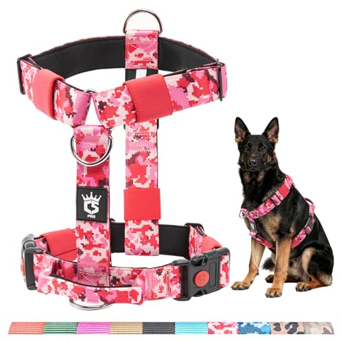 TSPRO Taktisches No-Pull Schwerlast-Hundegeschirr mit Griff & Schnellöffnungsverschluss, Stabil Adjustierbar für Mittelgroße bis Große Hunde zum Wandern und Laufen (Camo Rosa M)