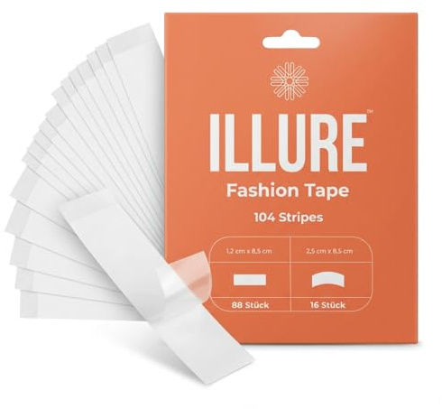 ILLURE Fashion Tape - 104 Stück | Doppelseitiges Body Tape für Kleidung | 88 Gerade & 16 Kurvenstreifen | Transparent & Hautfreundlich | Fashion Tape Doppelseitig | Klebestreifen Klebeband Kleidung