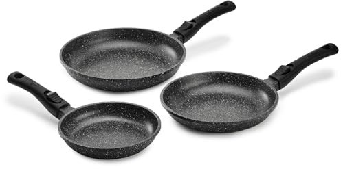 Pradel Excellence - PCUI001032 - Lot de 3 Poêles en Fonte d'Aluminium Premium Ø20,24,28cm - Revêtement Anti-Adhésif Façon Pierre - Manches Amovibles - Tout Feu, Noir