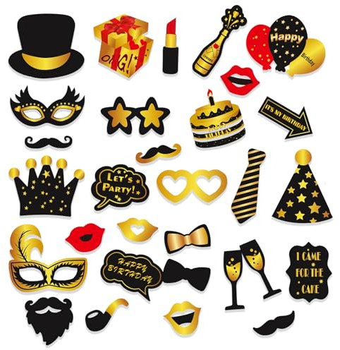 30 PCS Photo Booth Props Birthday Decorations Black and Gold party photobooth props Moustache Glasses Hats Lipstick Funny selfie props for 20th 30th 40th Women Men