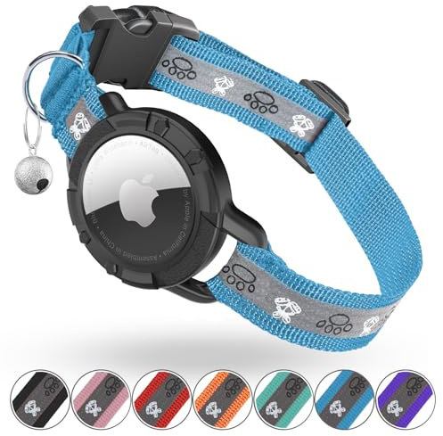 Reflective AirTag Cat Collar, Integrated Cat Tracker Collar with Air Tag Holder and Bell, Safety Elastic Band Cat GPS Collars for Girl Boy Cats, Kittens and Puppies (Blue, S)