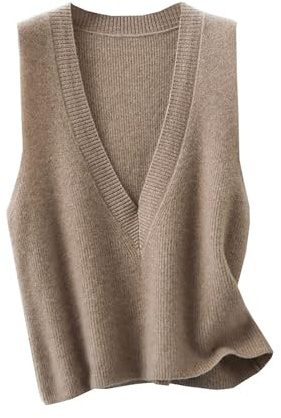jinghuiyue Maglione da donna con scollo a V profondo gilet casual lavorato a maglia canotte senza maniche maglione a costine maglieria, Marrone, L