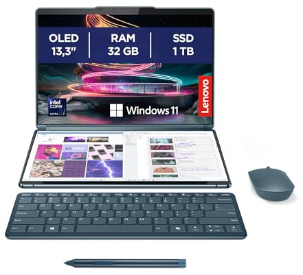 Lenovo Yoga Book 9 Notebook 13,3 Display Touch 2.8K (2880x1800) OLED, Intel Core Ultra 7 155U, RAM 32GB, 1TB SSD, Windows 11, Lenovo Digital Pen 3 + Yoga Slim Mouse + Folio Stand inclusi - Tidal Teal