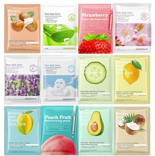 XdealCozyxc 12PCS Face Masks for Girls Skincare, Fruit Face Masks Beauty Gift Set for Women & Girls Skin Hydrate, Brighten, Moisturize, Soothe