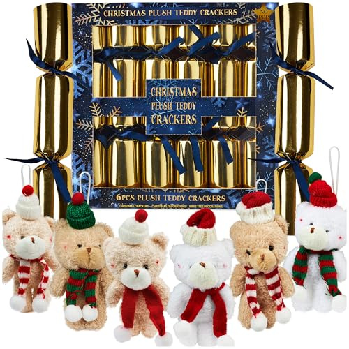 KreativeKraft Crackers di Natale, 6 Pacco di Christmas Crackers Ripieni con Mini Orsacchiotti, Senza Scoppio, Decorazioni Natalizie (Multicolori Orsacchiotti)