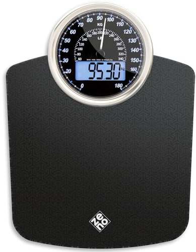 ZENO Báscula Digital y Analógica Híbrida - NUEVO - 2 en 1 - Soporta hasta 180 kg - Vidrio Templado Grueso - Pantalla Extra Grande - Fácil Lectura - Nova Negra