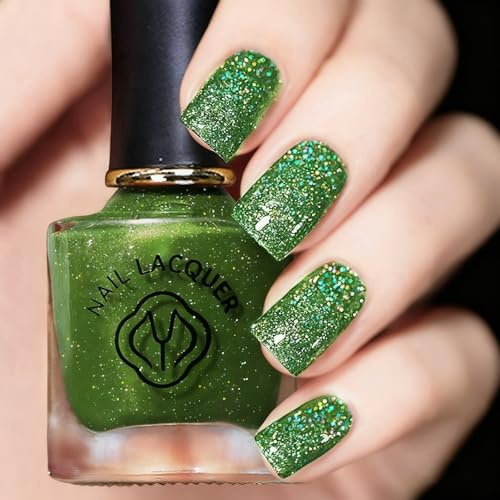 Emerald Green Glitter Nail Polish, Diamond Sparkly Nail Varnish, Olive Green Holographic Glitter Nail Art Polish, Quick Dry&Long Lasting Gel Nail Paint Sequins for Women DIY Manicure at Home
