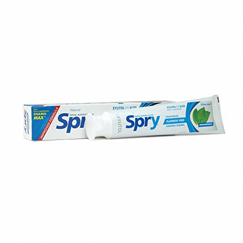Spry Natural Xylitol Toothpaste 5oz for Adults and Kids - Fluoride Free, Gentle for Sensitive Teeth Whitening and Remineralizing, Breath Freshening, Mouth Moisturizing, Peppermint (Pack of 3)