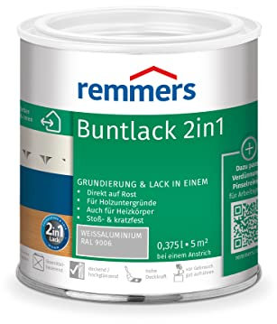 Remmers Buntlack 2in1 weißaluminium (RAL 9006), 0,375 Liter, Buntlack für Holz, Eisen, Stahl, inkl. Grundierung und Rostschutz, innen und außen