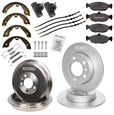 BESTPRICE Set freni incl dischi freno anteriori Ø 241mm pieni + tamburo freno posteriore Ø 185mm + pastiglie freno anteriori e ganasce freno posteriori + tubi freno compatibile con FIAT SEICENTO / 600