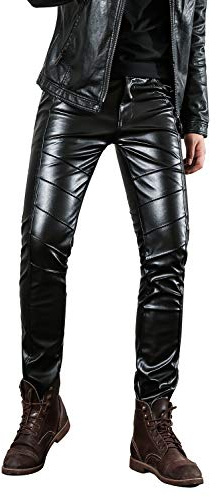 Idopy Men`s Black Slim Fit Soft PU Faux Leather Biker Pants 32 03#